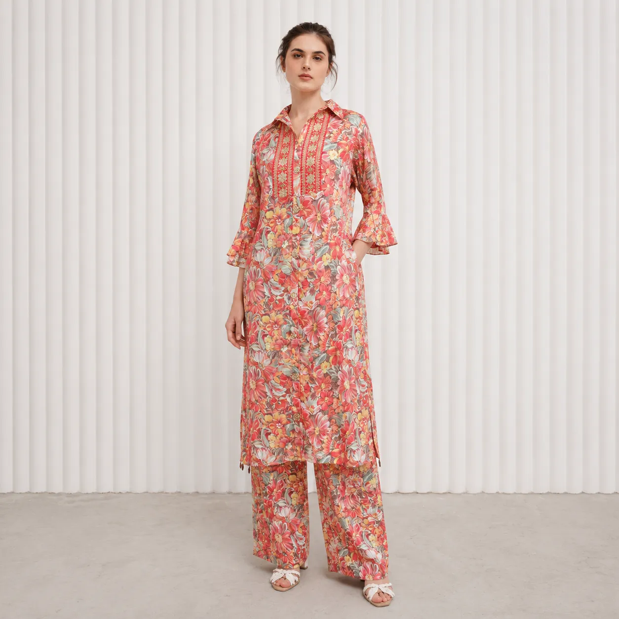 Women's Floral Print Straight Long Shirt with Embroidered Yoke & Flared Sleeves